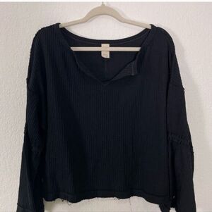 Free People Black Waffle Knit Bell Sleeve Long Sleeve Top